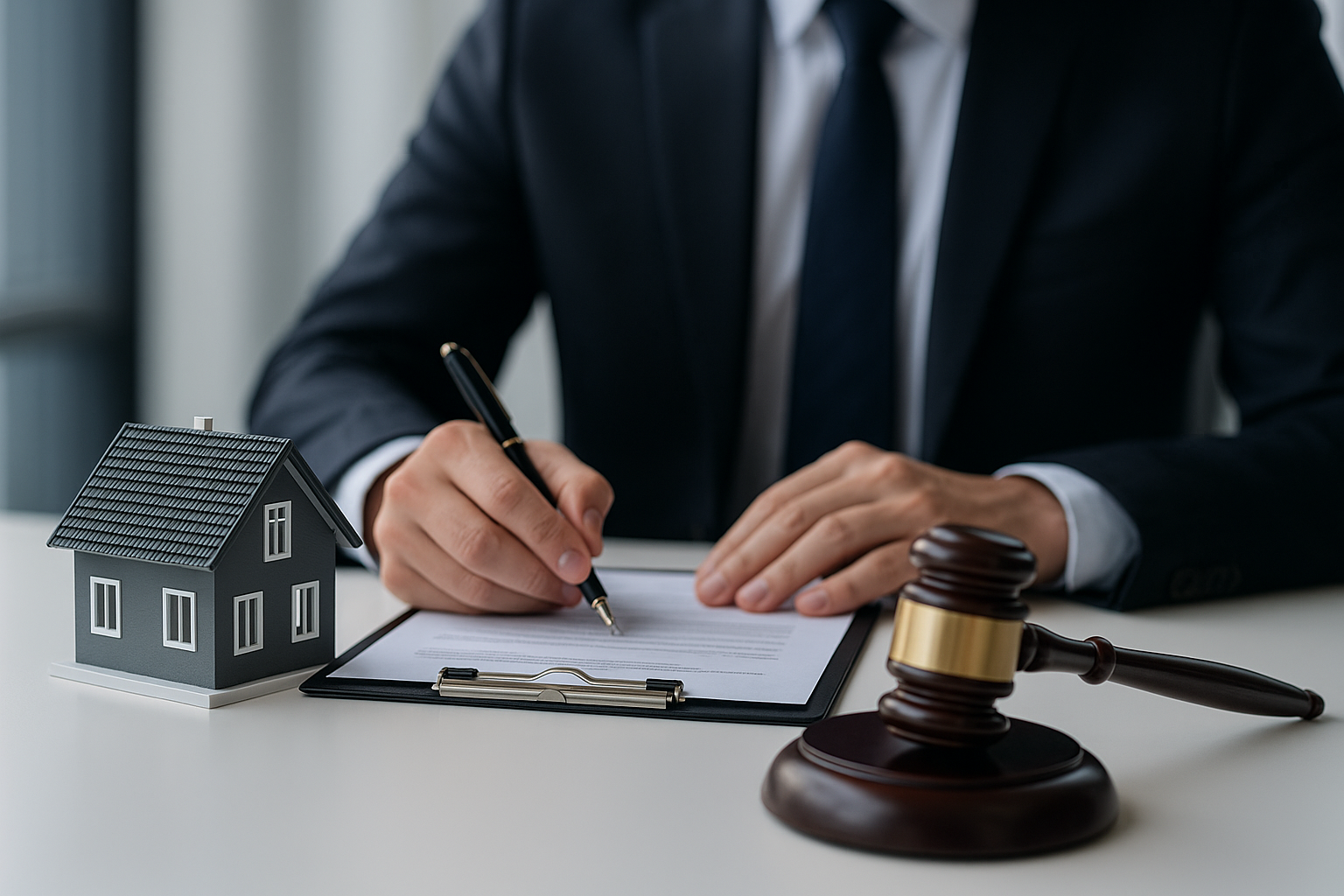 Advogado especialista em Direito Imobiliário com miniatura de casa e documentos contratuais