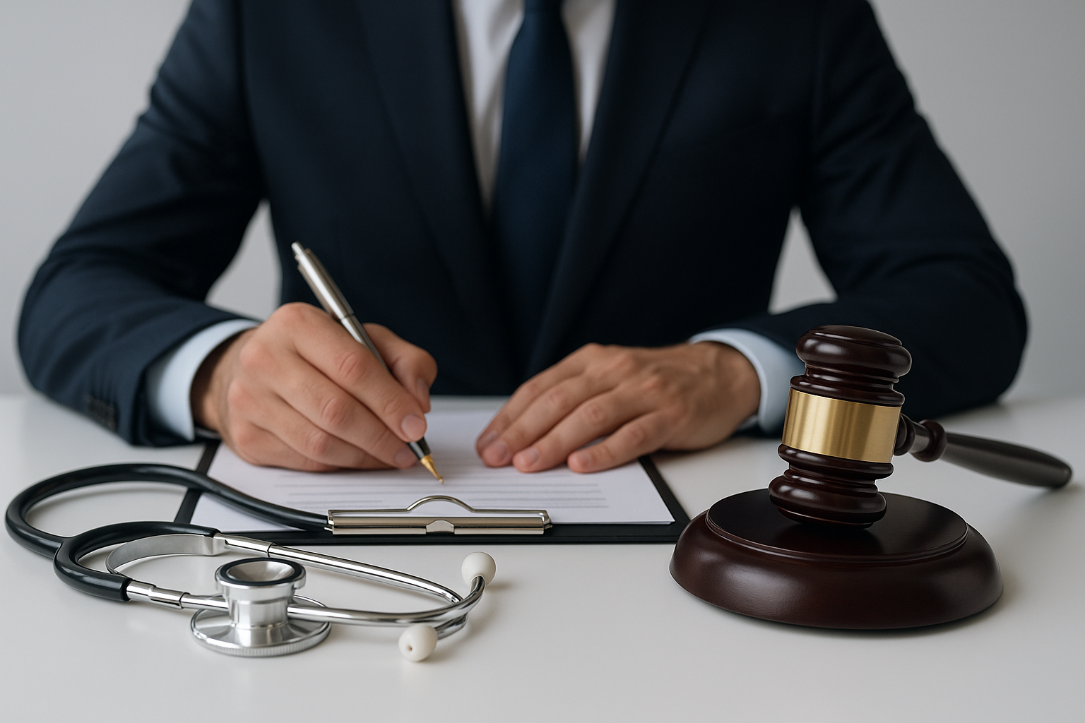 Advogado especialista em Direito Médico assinando documentos com estetoscópio e martelo da justiça