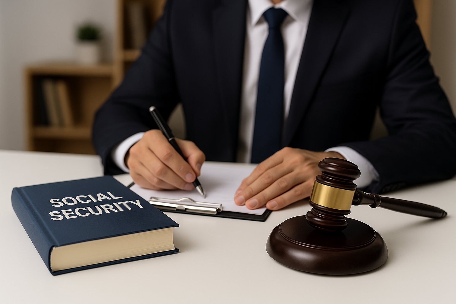 Advogado especialista em Direito Previdenciário com livro de Seguridade Social e martelo da justiça